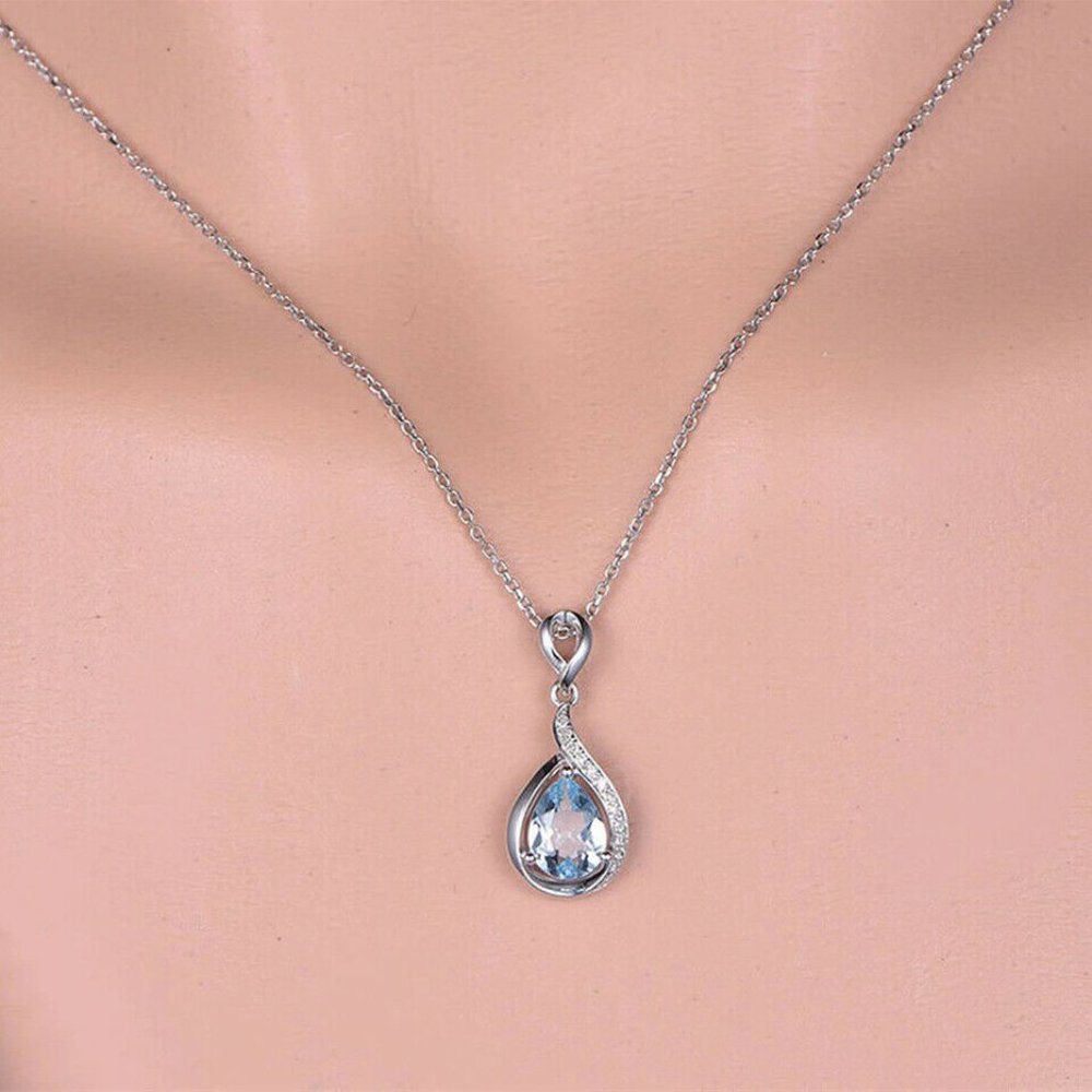 925 Sterling Silver Aquamarine Diamond Necklace - Picture 2 of 6
